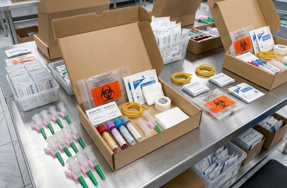 Medical specimen collection kit inventory and customized kit packaging